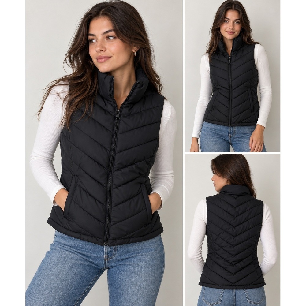 Gap Womens Black Chevron Puffer Vest Full Zip Sleeveless Jacket Size M